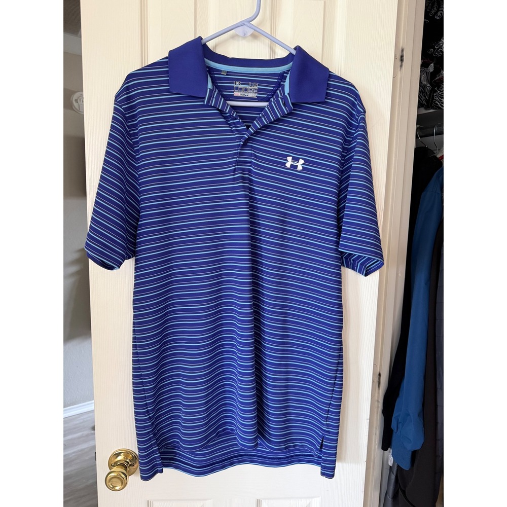 Under Armour Mens HeatGear Loose Fit Striped Polo Shirt Blue Large LG Golf Top